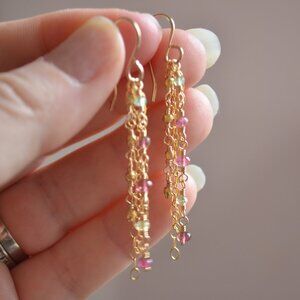 Tourmaline Gemstone Earrings with Gold Chain - Handmade